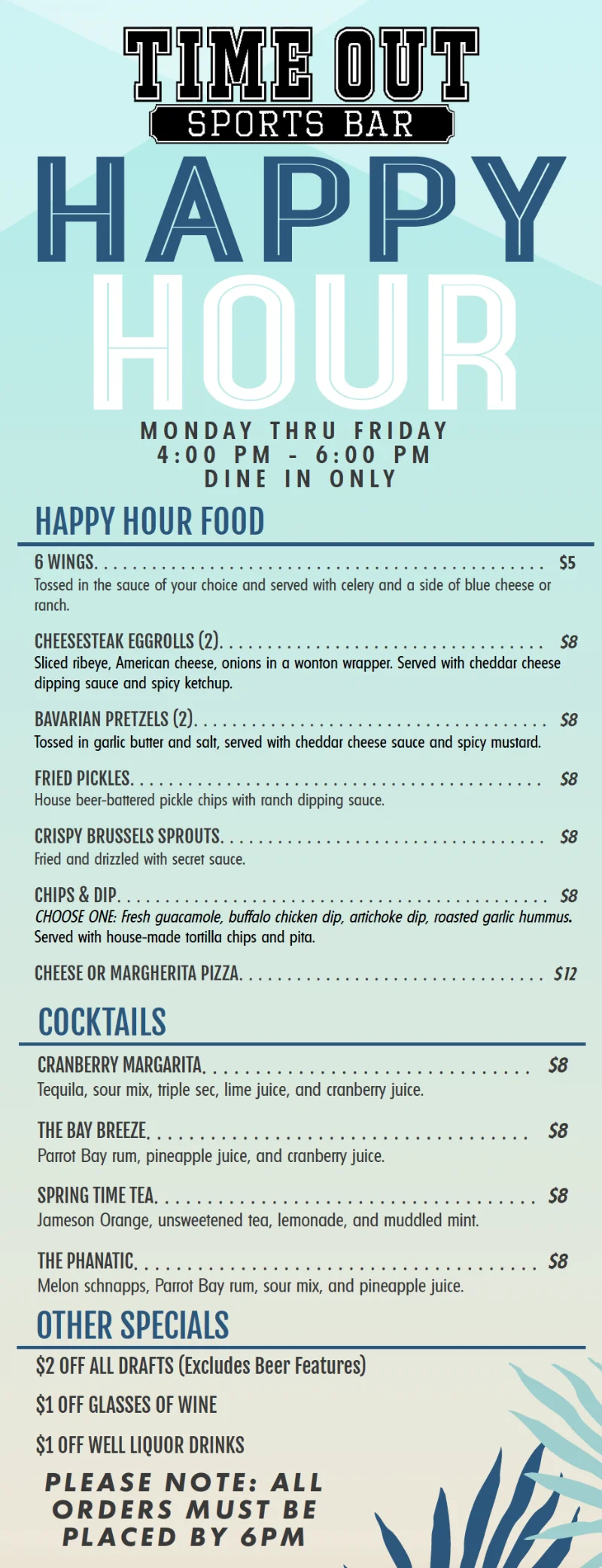 Timeout Sports Bar happy hour menu