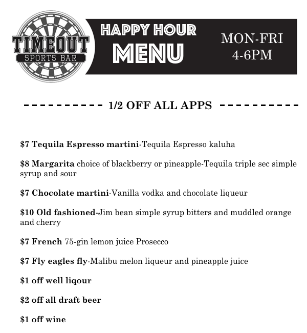 Timeout Sports Bar happy hour menu